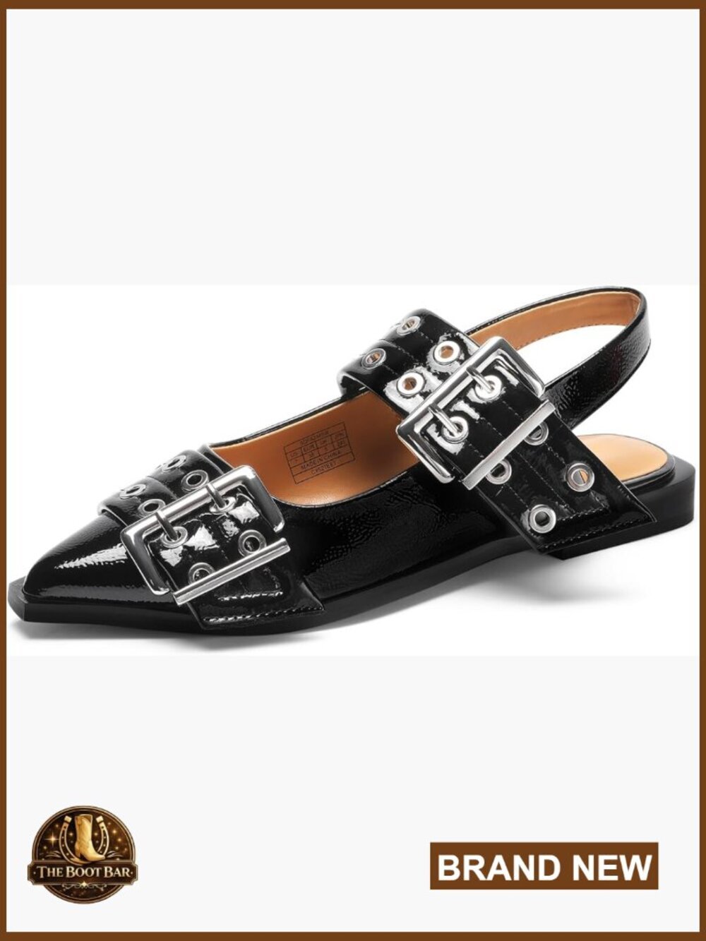 Pointed Toe Slingback Ballet Flats with Adjustable Buckle, Faux Leather Slip-on